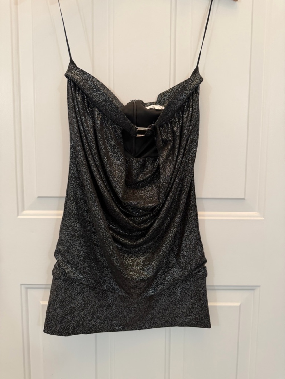 superdown Black Strapless Plunge Cowl Shimmer Mini Dress